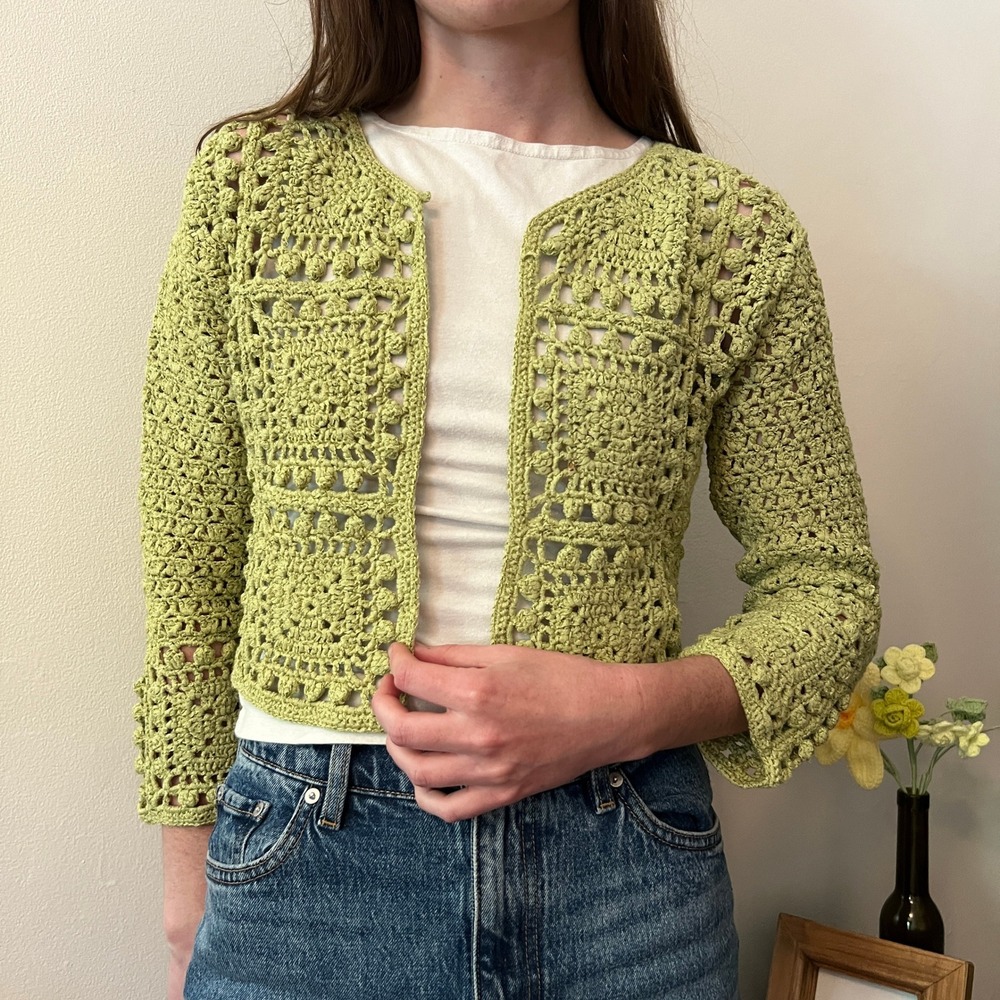 Knit Cardigan Boho Curio Chartreuse Green Crochet Cottagecore Cropped Small